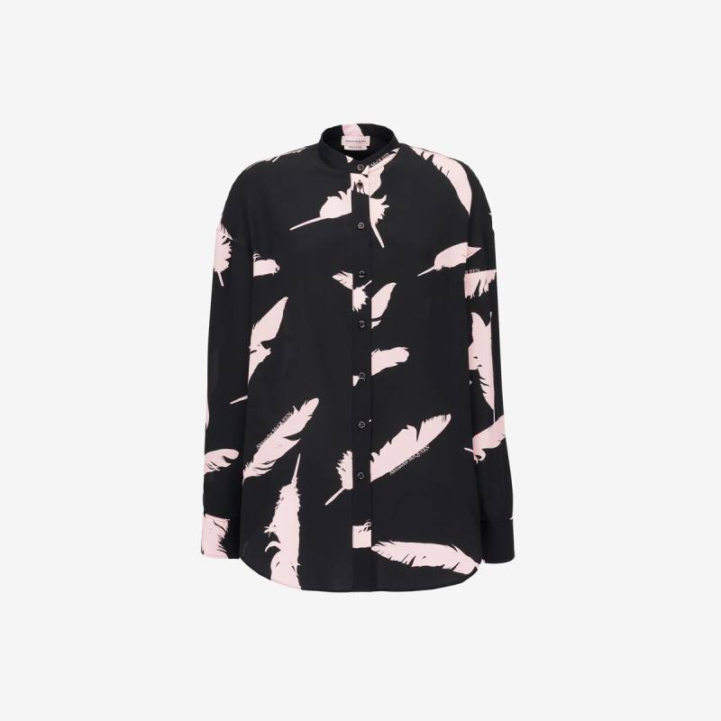Alexander McQueen Women's Black Feather Cocoon Sleeve Shirt - 44 (Silk)